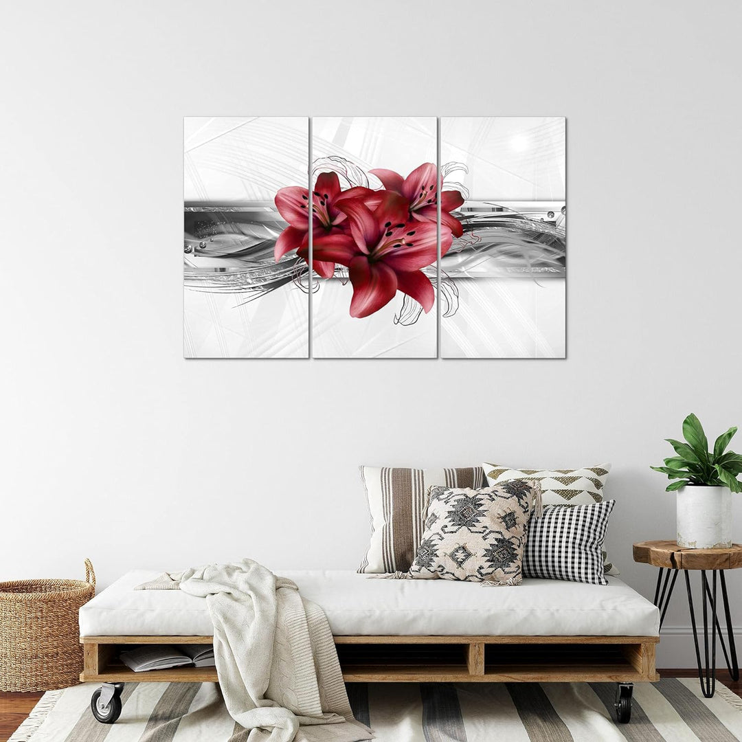 Runa Art Wandbilder Blumen Lilien Bild XXL Wohnzimmer Schlafzimmer Grau Rot Abstrakt 120 x 80 cm 3 T
