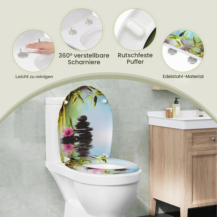 Toilettendeckel, WC Sitz mit Absenkautomatik, Klodeckel mit Schnellverschluss, 360° verstellbaren Sc