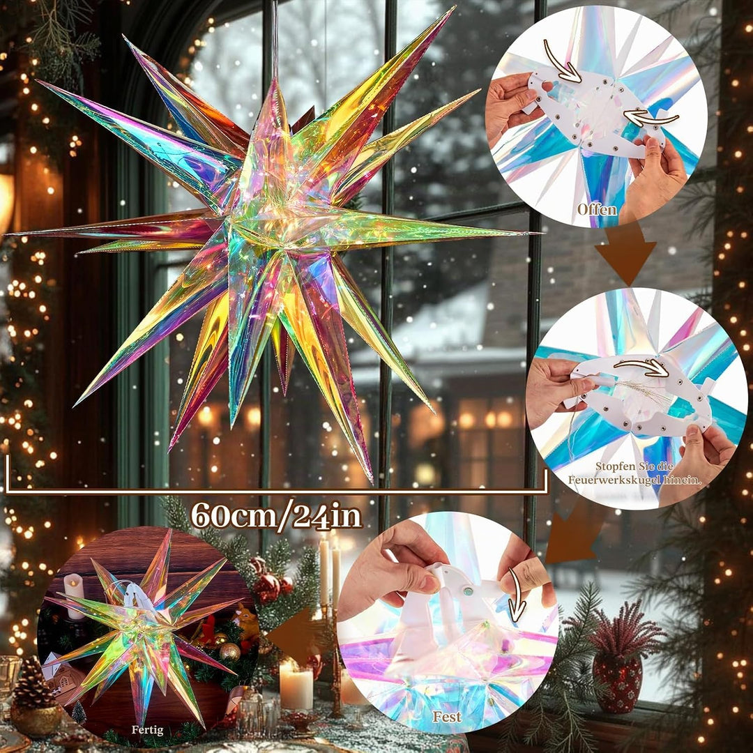 EASY JOY 60cm Weihnachtsstern Beleuchtet Faltstern mit 18 Spitzen Schillernder 3D-Stern Leuchtstern