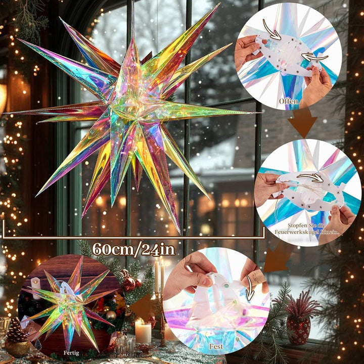 EASY JOY 60cm Weihnachtsstern Beleuchtet Faltstern mit 18 Spitzen Schillernder 3D-Stern Leuchtstern