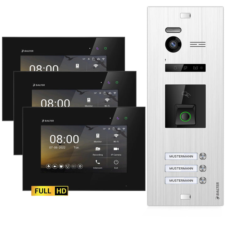 Balter EVO-HD Video Türsprechanlage mit Fingerprint, Video Türklingel, 3 Familienhaus, 3X 7 Zoll Mon