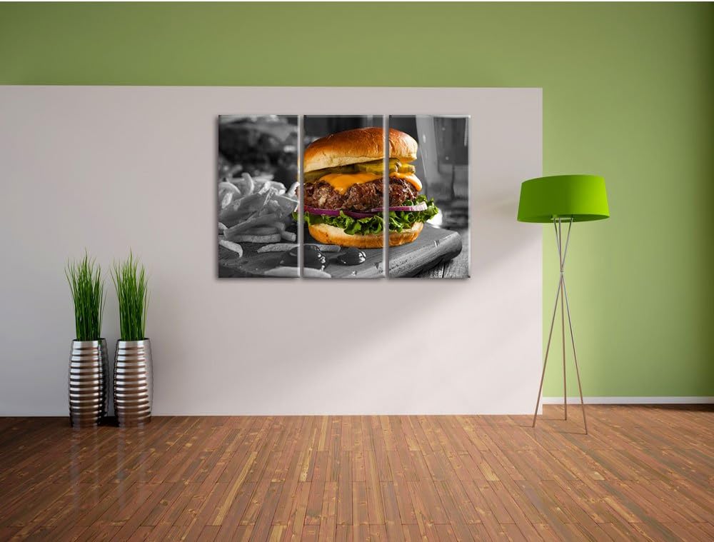 Pixxprint Saftiger Chili Cheese Burger Schwarz/Weiss 3-Teiler Leinwandbild 120x80 Bild auf Leinwand