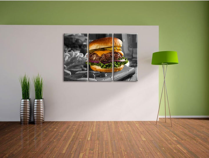 Pixxprint Saftiger Chili Cheese Burger Schwarz/Weiss 3-Teiler Leinwandbild 120x80 Bild auf Leinwand