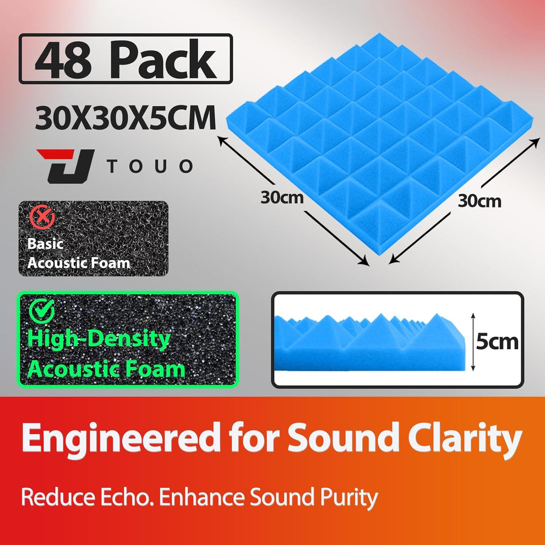 Akustikschaumstoffplatten, 30 x 30 x 5 cm, schalldichte Pyramiden-Schallschutzplatten für Wände, hoc