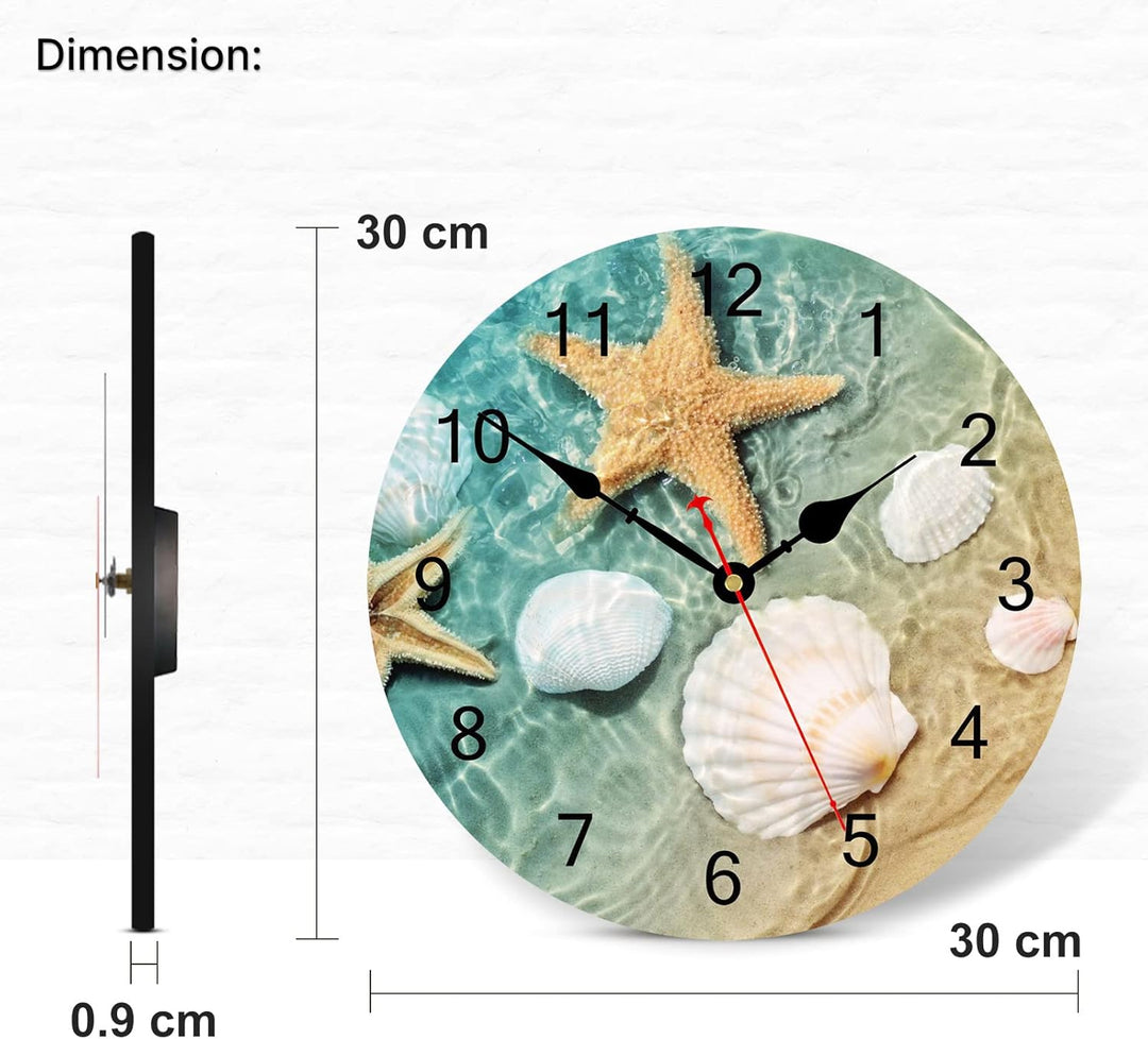 TAHEAT 30 cm Wanduhr Maritime Muschel Seestern, Leise Ohne Tickgeräusche Batteriebetrieben Uhren, Sc