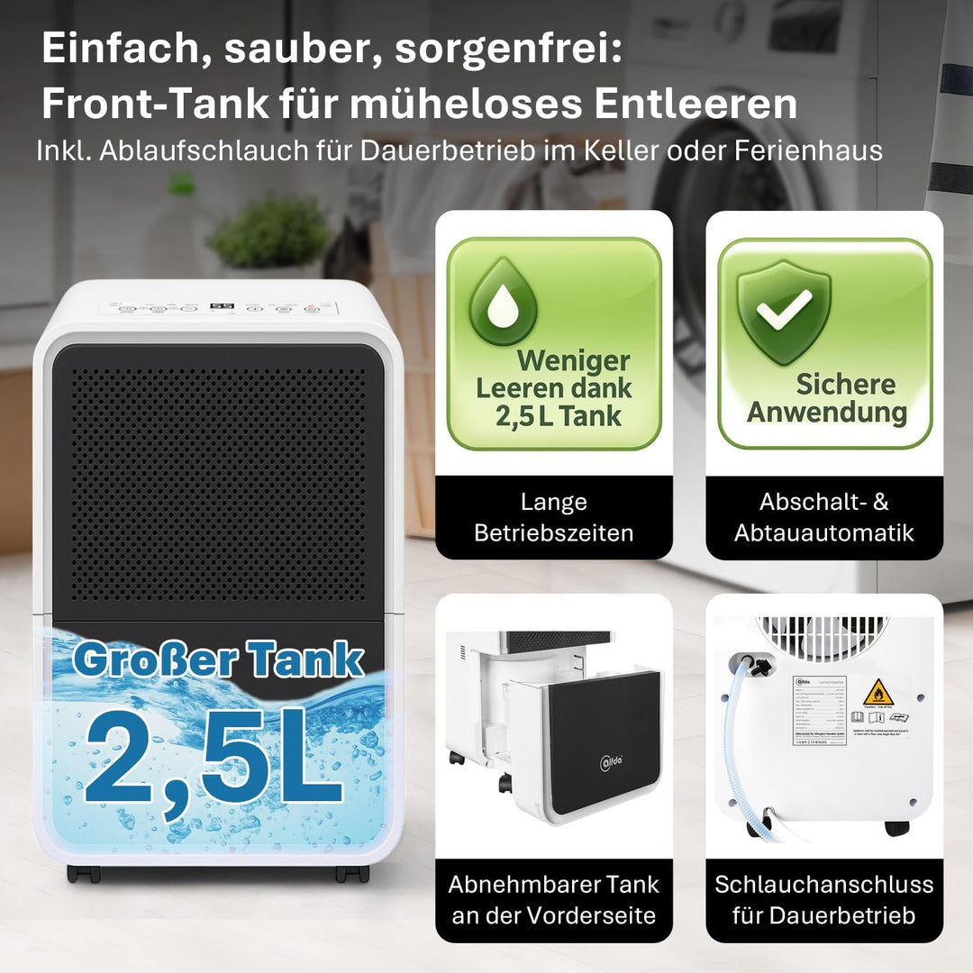 alfda AEF1200 Luftentfeuchter 12 L Tag | bis 25 m², leise & energieeffizient, Automatikprogramm, Abl