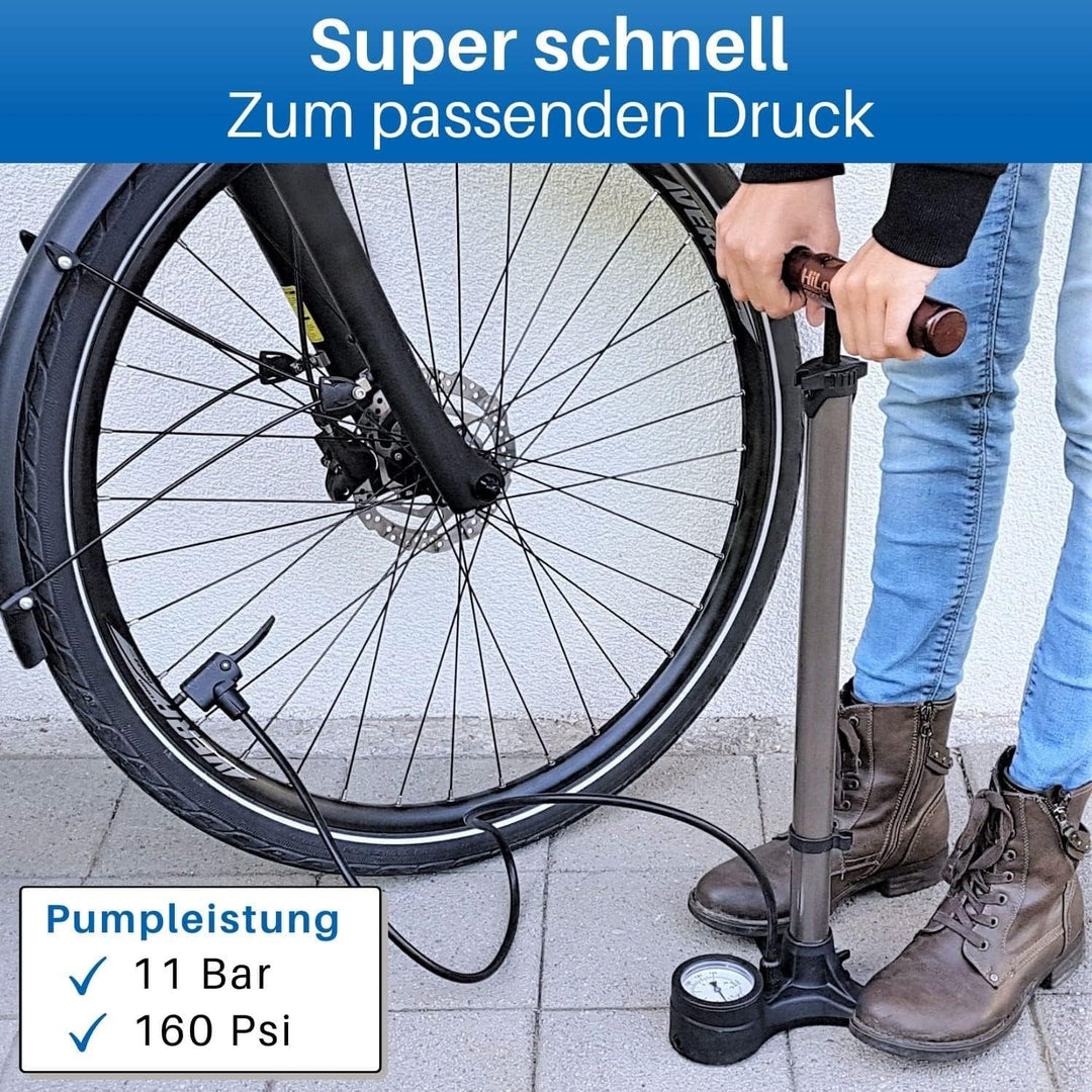 HiLo sports Fahrrad Standpumpe bis 11 bar - [Passt für alle Ventile] - Standluftpumpe mit Holz Griff