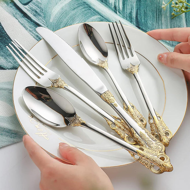 Prächtiges Barock Gold Silber 18/10 Edelstahl Besteck-Set mit 20 Teilen, rostfreies Edelstahl Bestec