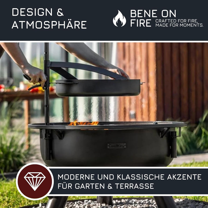 BENE ON FIRE Feuerschalen Grillpfanne Ø 50 cm mit Griff | Stahlpfanne schwarz 6,2 kg hitzebeständig