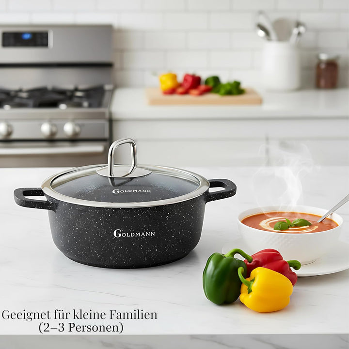 GOLDMANN Premium Gussaluminium Kochtopf 20 cm (2,3 L) – Keramik-Marmor Antihaft-Kasserolle mit Glasd