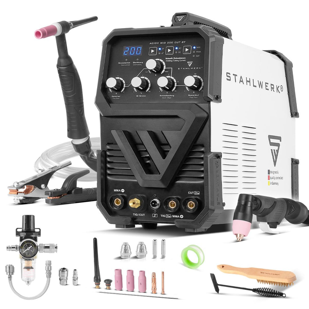 STAHLWERK Schutzgasschweissgerät 3-in-1 Kombi AC/DC WIG 200 CUT ST - WIG & MMA bis 200 A, Plasmaschn