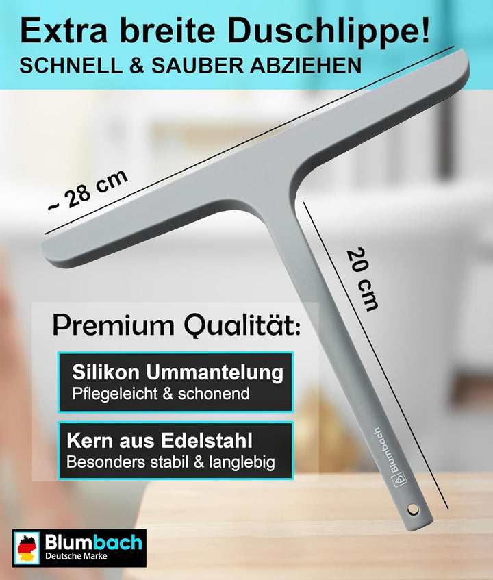 BLUMBACH® Duschkabinenabzieher grau, Duschabzieher mit Halterung 28 cm breit, Silikon Abzieher mit E