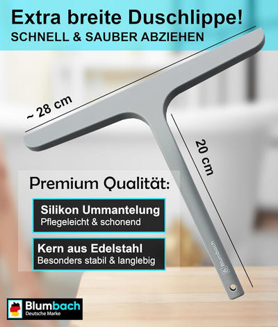 BLUMBACH® Duschkabinenabzieher grau, Duschabzieher mit Halterung 28 cm breit, Silikon Abzieher mit E