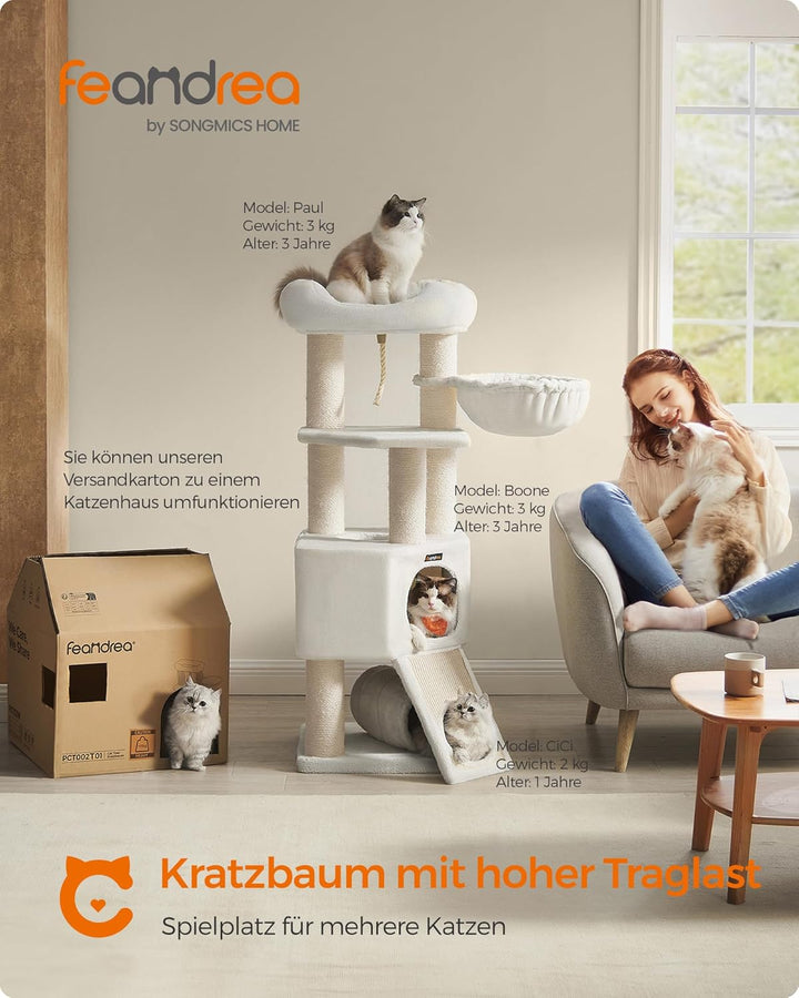 Feandrea Grosser Kratzbaum, M Katzenbaum, mit Höhle, Hängematte, Plüschplattform, Tunnel, Sisalstämm
