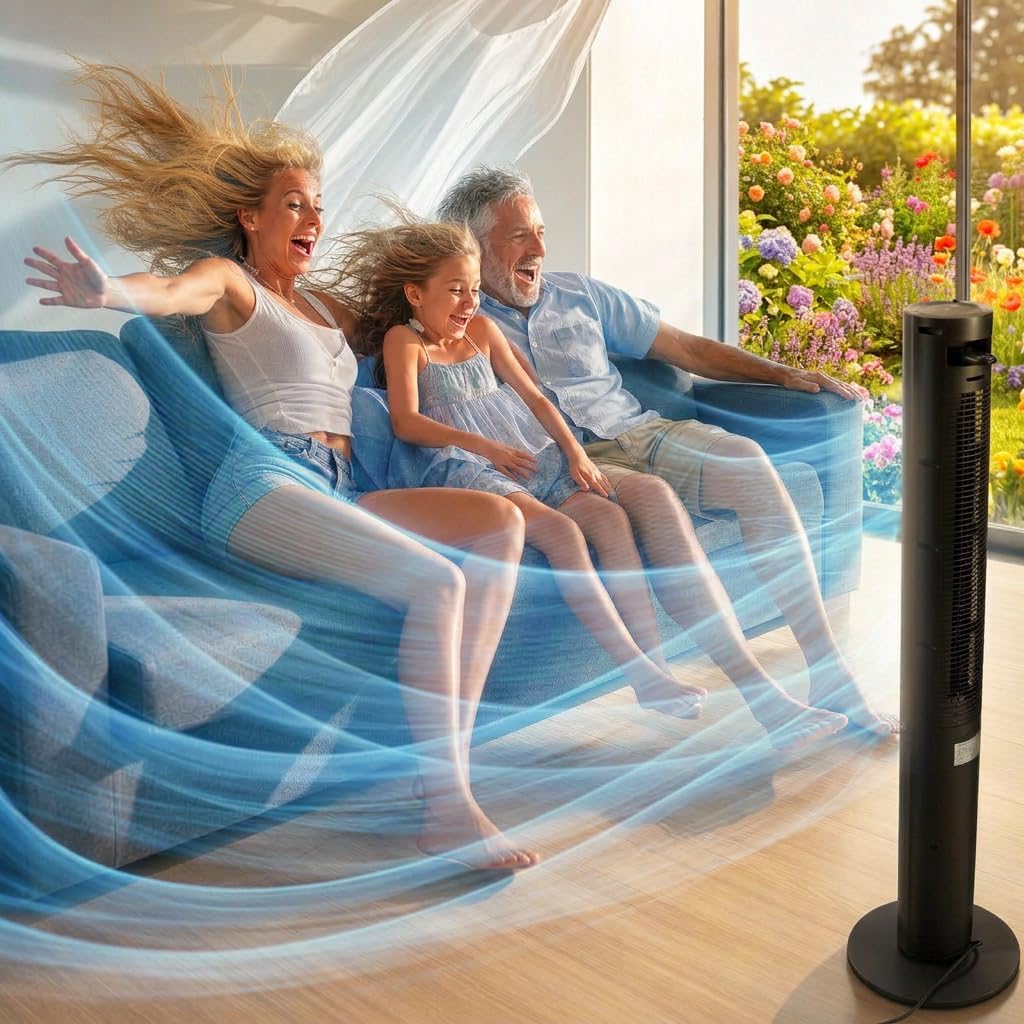 Turmventilator 115cm WiFi Tuya MAX, Ionisator & Duftfach, Orkanartiger 8,5m/s Wind, Nachtlicht, Oszi