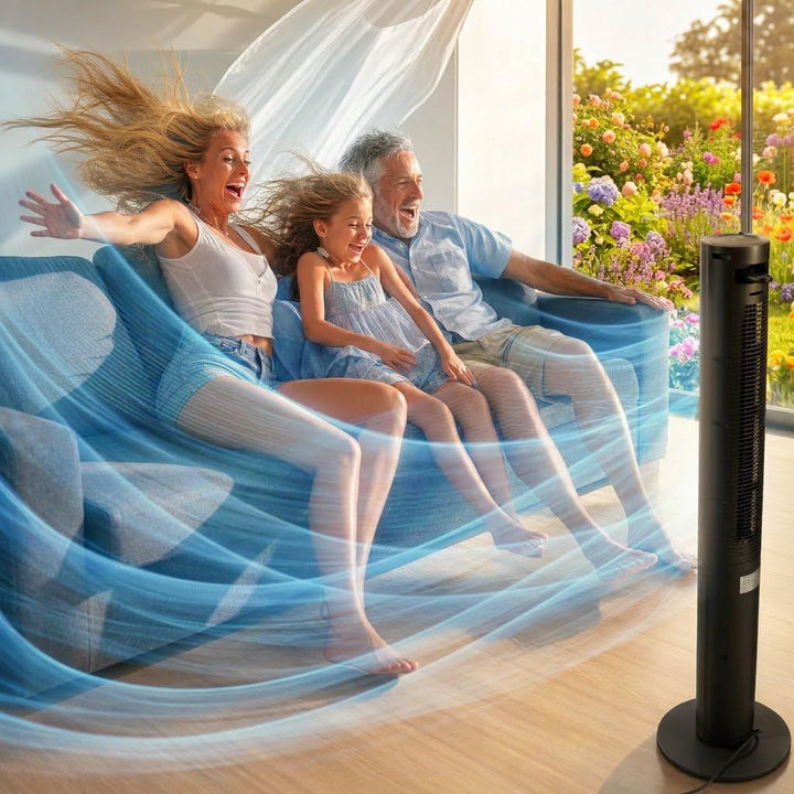 Turmventilator 115cm WiFi Tuya MAX, Ionisator & Duftfach, Orkanartiger 8,5m/s Wind, Nachtlicht, Oszi