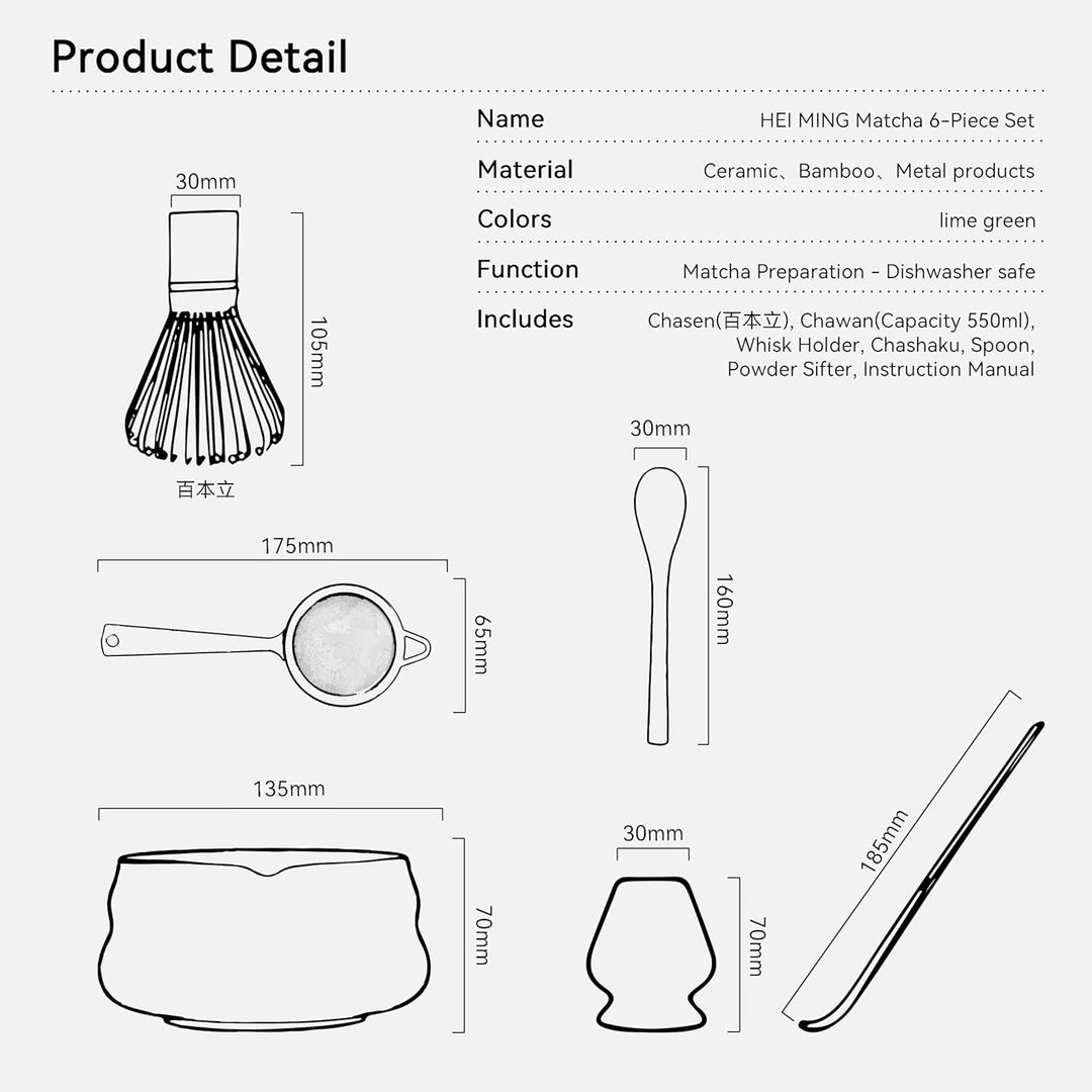 Premium Matcha Set 6-teilig – Exklusives Matcha Tee Set mit Bambus-Chasen (Besen), Grün Keramik-Scha