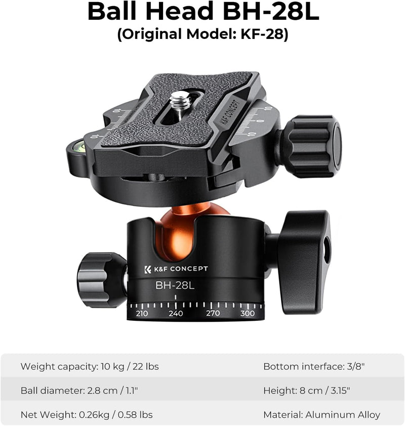 K&F Concept T254A6 Stativ Kamera, Aluminium Tripod mit 90 Grad Mittelsäule, Stativ mit 10 KG Belastu