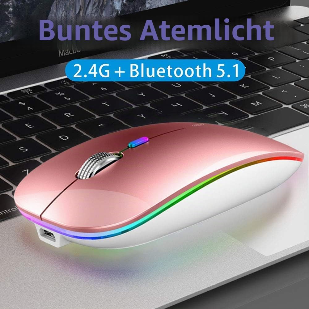 Uiosmuph Bluetooth Maus Kabellose, LED Funkmaus wiederaufladbar Leise Wireless Mouse 2.4GHz Kabellos