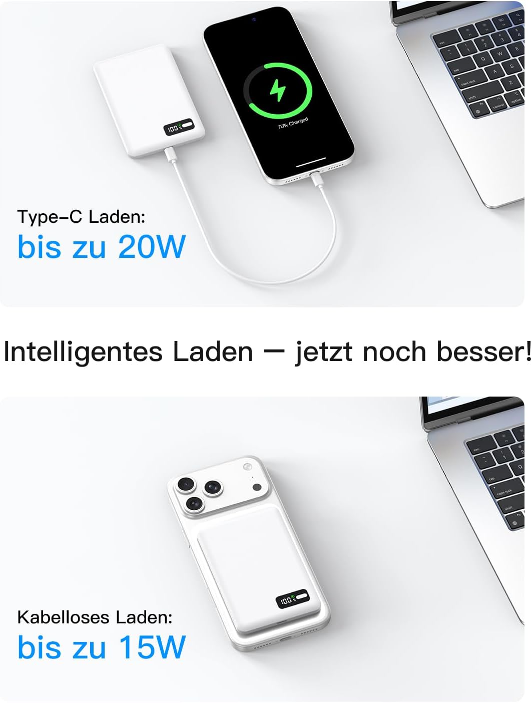 Powerbank Power Bank für MagSafe Slim Dünn 5000mAh Qi2 15W Max Digitalanzeige Schlank Schnellladen M