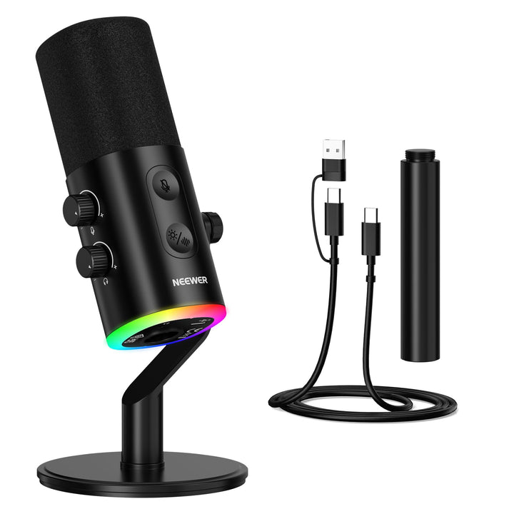 NEEWER DM03 USB/XLR RGB Dynamik Mikrofon mit Stummschaltung AI Rauschunterdrückung, Mic Verstärkungs