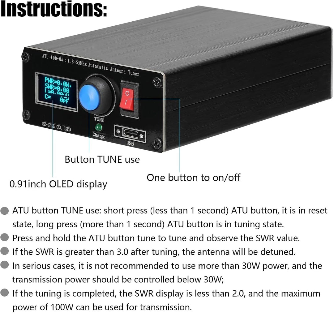 Automatischer ATU-100 Mini Antennentuner 0,96" Display USB Ladefunktion Radiotuner 1,8-55 MHz