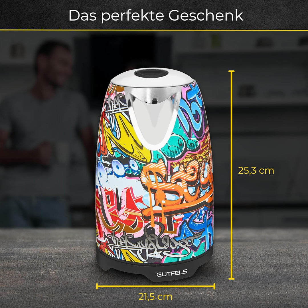 GUTFELS Wasserkocher WATER 3010 G | Elektrischer Wasserkocher 1,7 Liter Graffiti-Style | 2200 Watt |