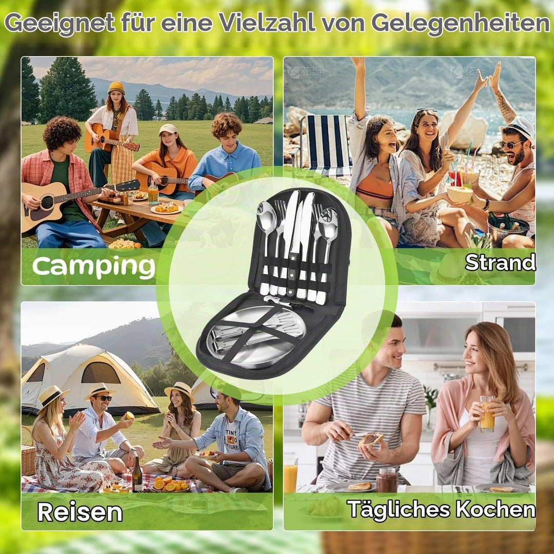 Camping Geschirr Set, Camping Besteck Edelstahl Inklusive Bestecktasche Edelstahl-Gabeln, Messer und