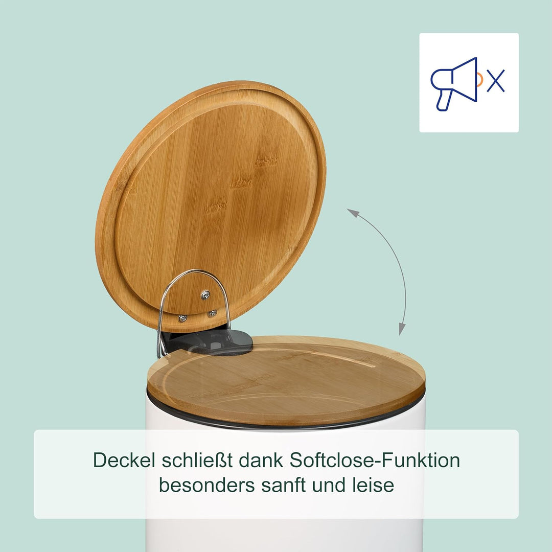 Relaxdays Kosmetikeimer 5 L, Absenkautomatik, Inneneimer entnehmbar, Badmülleimer, Metall, Bambus, m