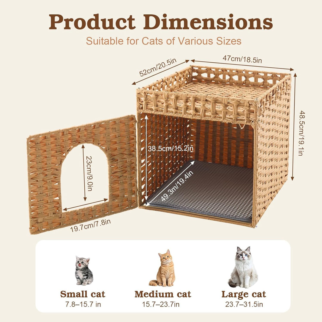 Geflochtenes Rattan-Katzentoiletten-Möbel mit Matte und Zaun, verstecktes Design, 47 x 50 x 48 cm, N