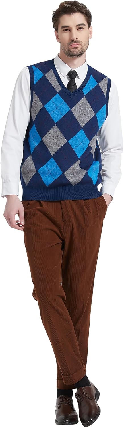 Kallspin Herren Argyle Gestrickt Ärmellos Pullover Wollmischung V-Ausschnitt Strickwesten XXL Tall M