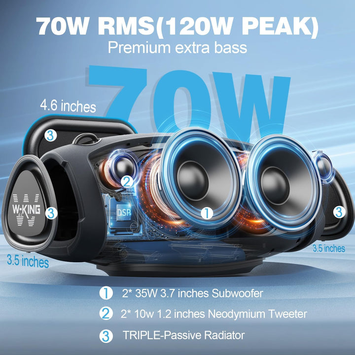 W-KING Bluetooth Lautsprecher Gross mit kabellosem Mikrofon,(120W Peak) 70W IPX6 Tragbare Outdoor La
