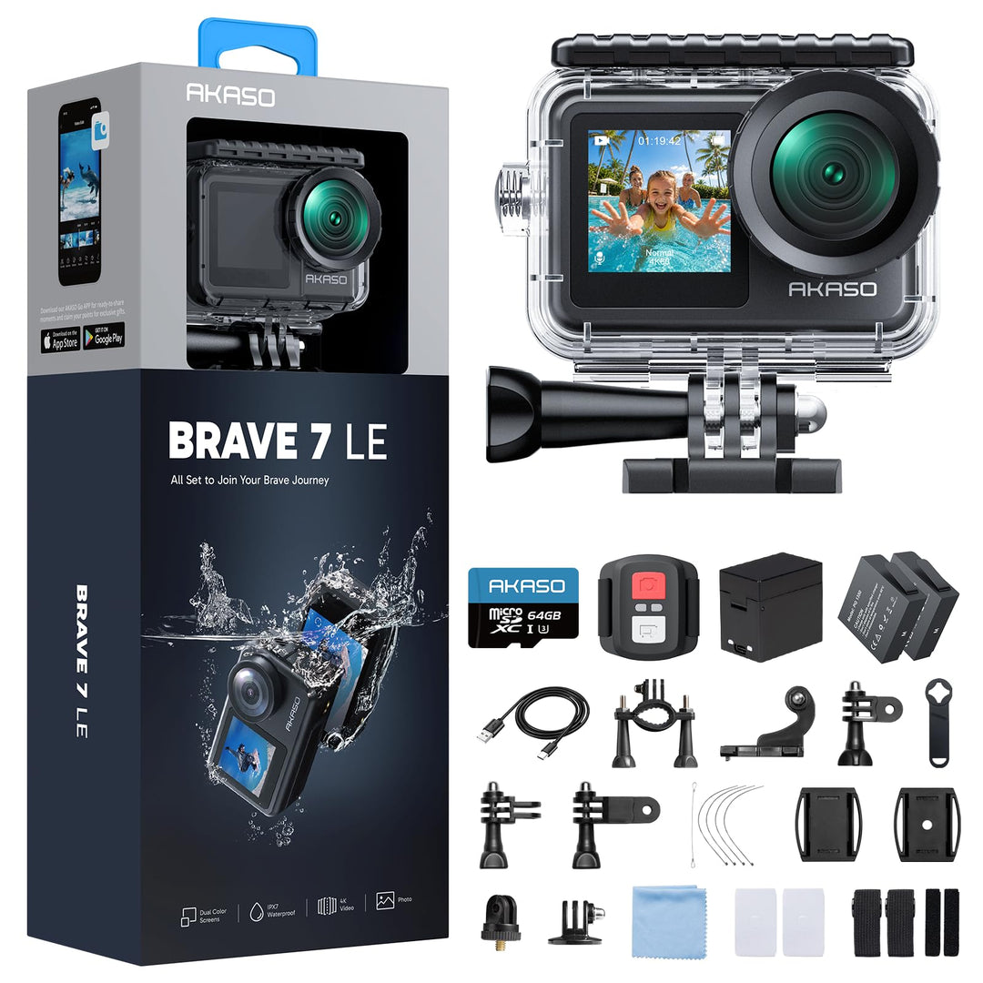 AKASO Brave 7 LE Action Cam 4k30FPS 20MP mit 64GB U3 Speicherkarte Unterwasserkamera IPX7 wasserdich