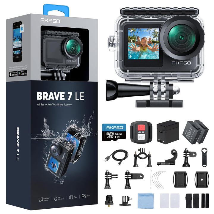 AKASO Brave 7 LE Action Cam 4k30FPS 20MP mit 64GB U3 Speicherkarte Unterwasserkamera IPX7 wasserdich