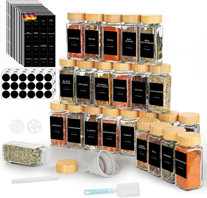 Lannvan Gewürzgläser Eckig Set [24 Stück] mit Bambus Deckel, 120ml Gewürzdosen mit 246 Etiketten, Ge