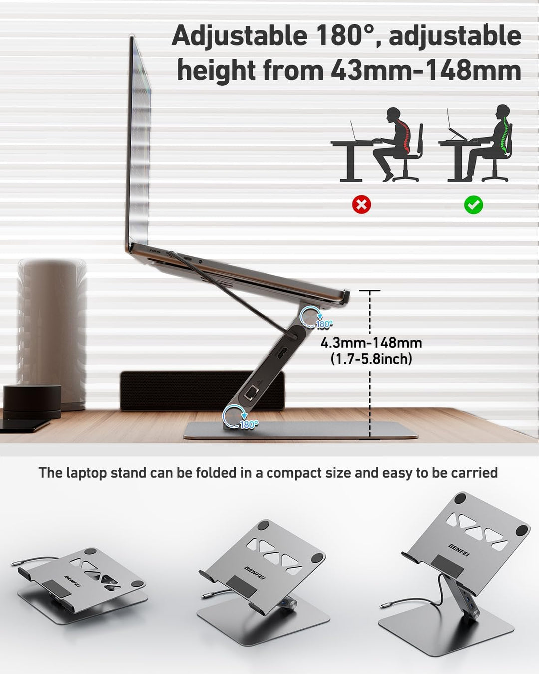 BENFEI Laptop Ständer mit 6-in-1 USB C Dockingstation: HDMI (4K@60Hz), Gigabit-LAN, 100W Power Deliv
