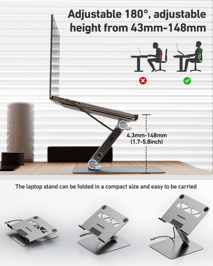 BENFEI Laptop Ständer mit 6-in-1 USB C Dockingstation: HDMI (4K@60Hz), Gigabit-LAN, 100W Power Deliv