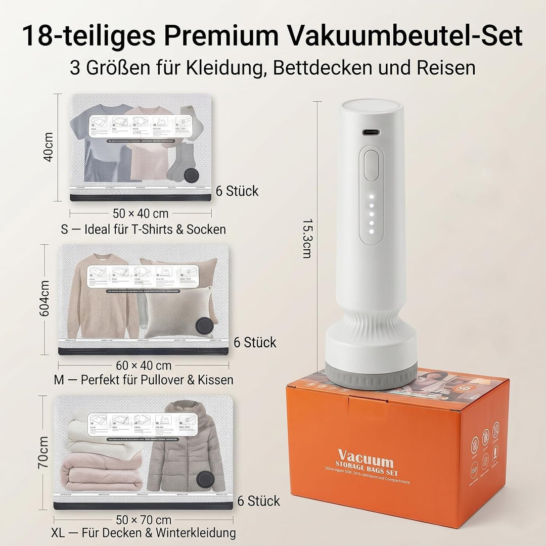 Vakuumbeutel für Kleidung mit 60000Pa Elektrischer Pumpe, 18 Stück (6x40x50cm, 6x40x60cm, 6x50x70cm)