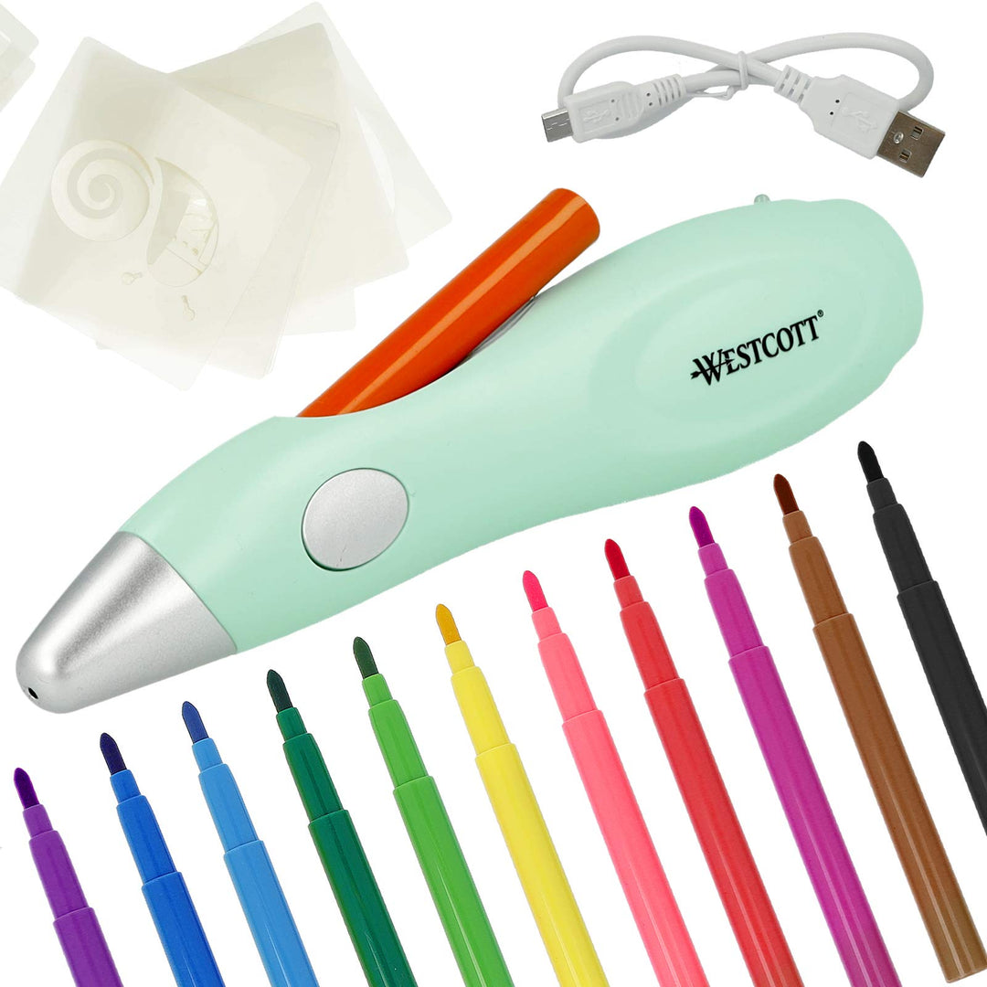 Westcott Elektrischer Farbsprühstift, Airbrush-Set für Kinder mit 12 Filzstiften & 19 Schablonen zum