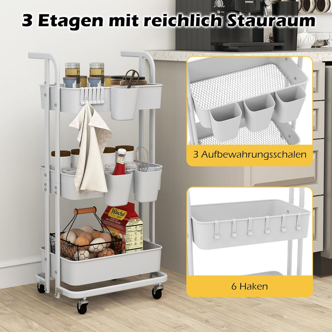 COSTWAY 3 Ebenen Rollwagen klappbar, mobiler Servierwagen auf Rollen, Küchenwagen aus Metall mit Gri