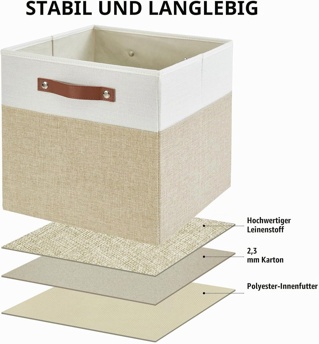 Bagnizer Faltbare Aufbewahrungsbox aus Stoff mit 2 PU-Griffe, 4er Set Beige &amp; Weiss M-33x33x33CM, Be