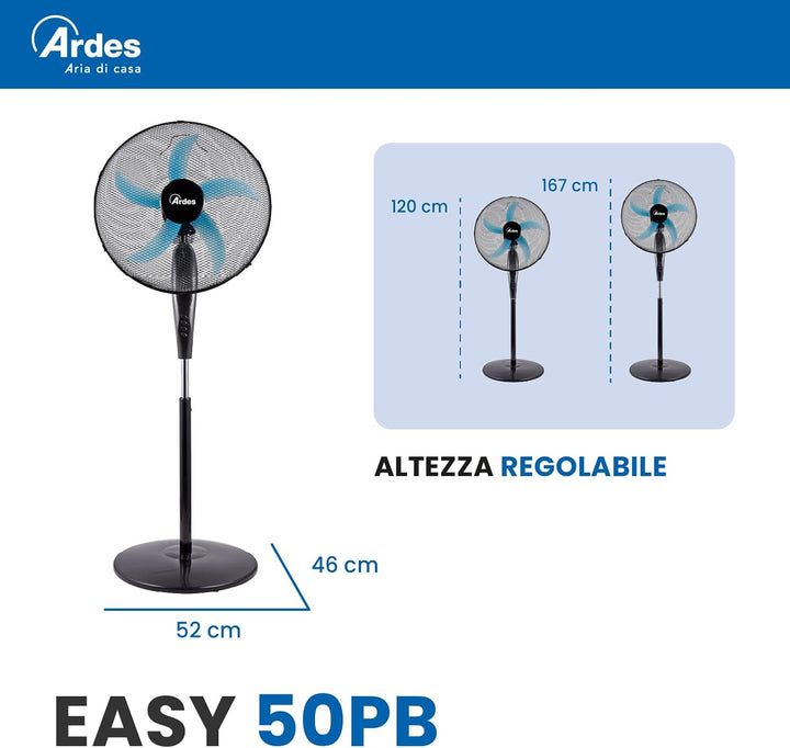 ARDES | AR5EA50PB Leiser Standventilator 5 Flügel EASY - Standventilator Ardes mit breiten Schwenkfu