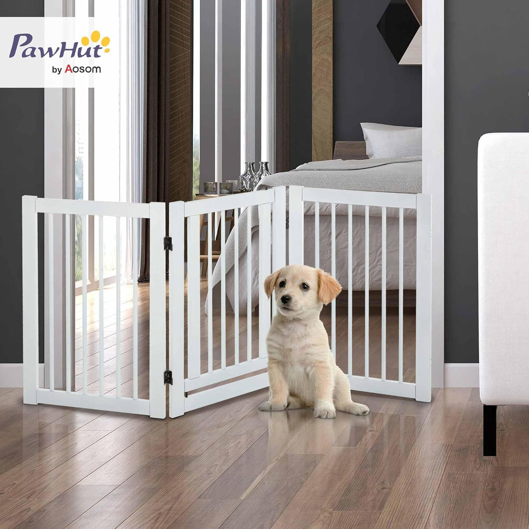 PawHut Absperrgitter Holz Freistehendes Schutzgitter für Hunde Türschutzgitter Verstellbares Hundegi