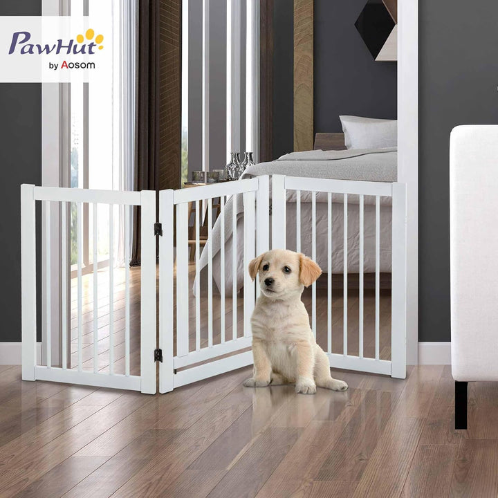 PawHut Absperrgitter Holz Freistehendes Schutzgitter für Hunde Türschutzgitter Verstellbares Hundegi