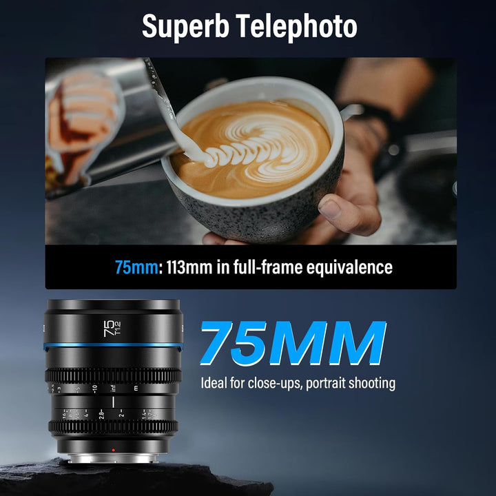 SIRUI Night Walker 75 mm T1.2 S35 Teleobjektiv Cine Objektiv, grosse Blende, manueller Fokus, MS75L-