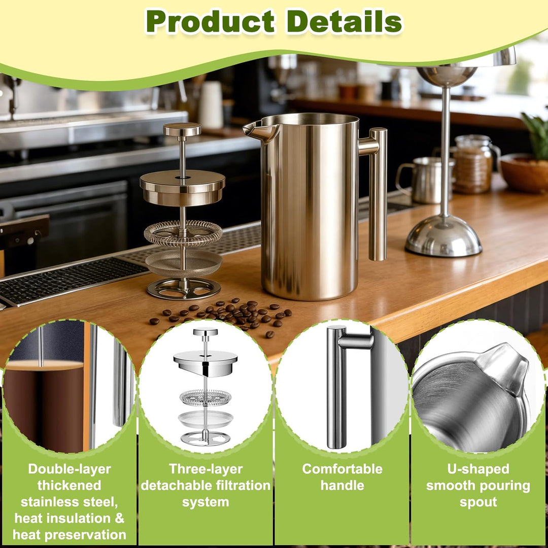 350ml Französische Presse, Edelstahl Kaffeebereiter, Doppelwandige Isoliert French Press Thermo, Kaf