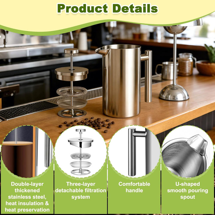350ml Französische Presse, Edelstahl Kaffeebereiter, Doppelwandige Isoliert French Press Thermo, Kaf