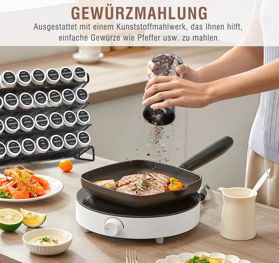Gewürzgläser Eckig 24 Stück mit Edelstahl-Deckel & Gewürzmühle – Luftdichte Gewürzdosen Set inkl. 20