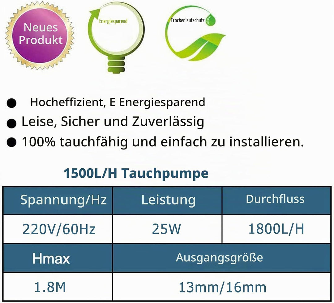 LNIDEAS Aquarium Tauchpumpe, 1800L/H 25W Aquariumpumpe,Sehr Leise Wasserpumpe mit einstellbarem Scha