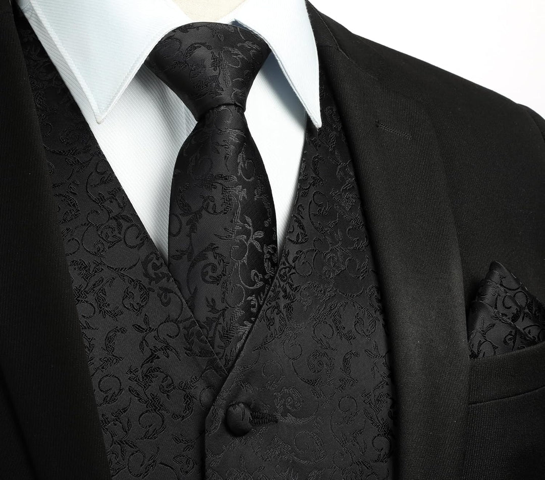 HISDERN Paisley Anzugweste für Herren Schwarz Hochzeit Weste Krawatte Einstecktuch Taschentuch Jacqu